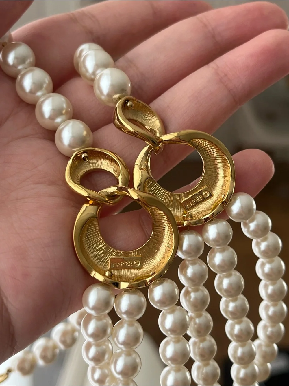 Vintage Napier Triple-Stranded Faux Pearl Gold Hoop Beaded Statement Necklace